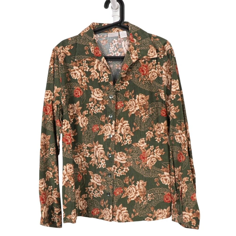 Erika Y2K Corduroy Button Up Shirt XL Green Floral 90s Paisley VNeck Grunge
